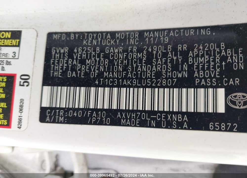 2020 TOYOTA CAMRY LE HYBRID VIN: 4T1C31AK9LU522807