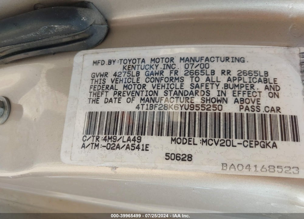 2000 TOYOTA CAMRY XLE V6 VIN: 4T1BF28K6YU955250