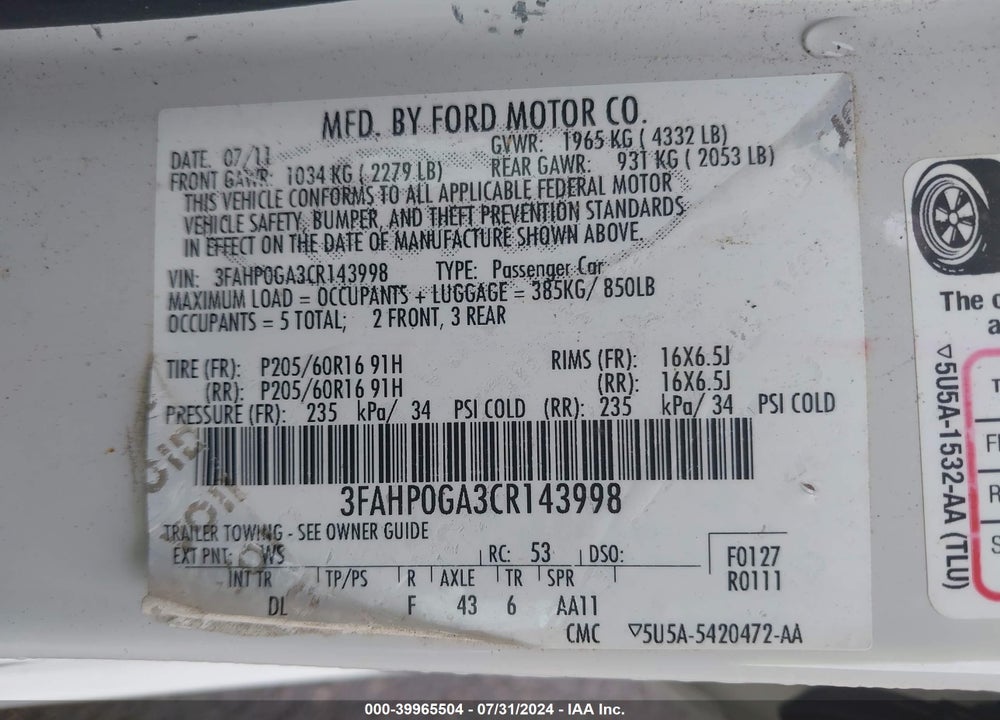 2012 FORD FUSION S VIN: 3FAHP0GA3CR143998