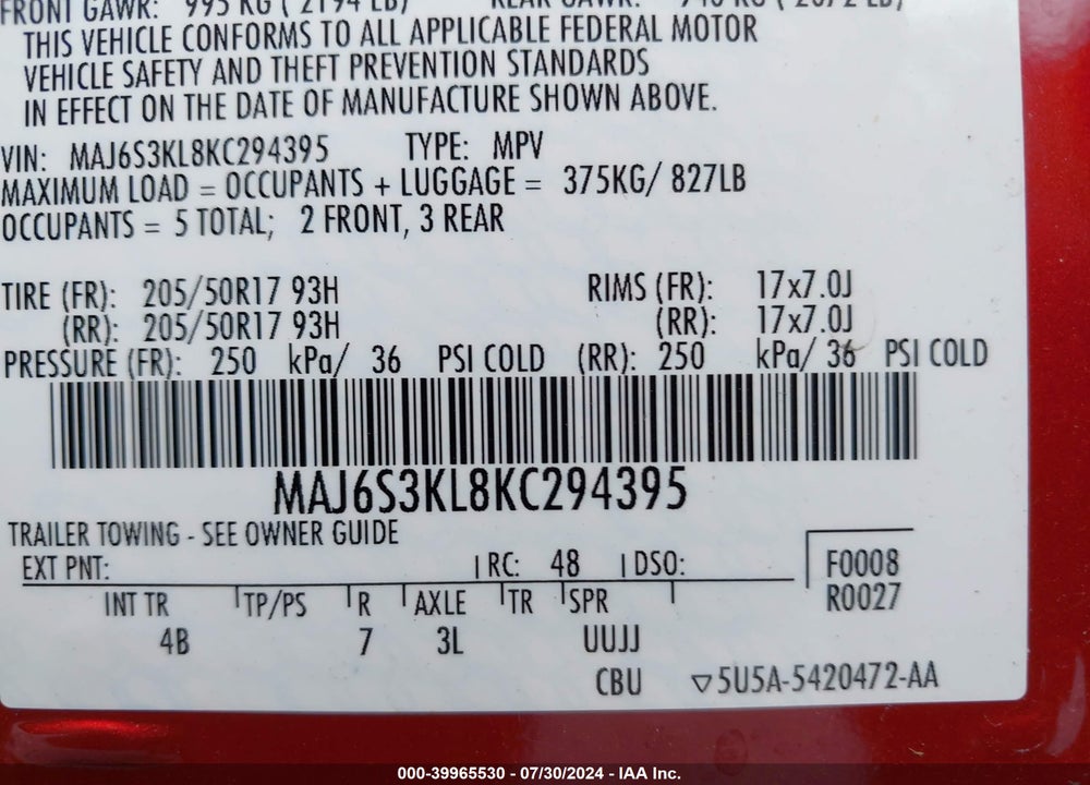 2019 FORD ECOSPORT TITANIUM VIN: MAJ6S3KL8KC294395