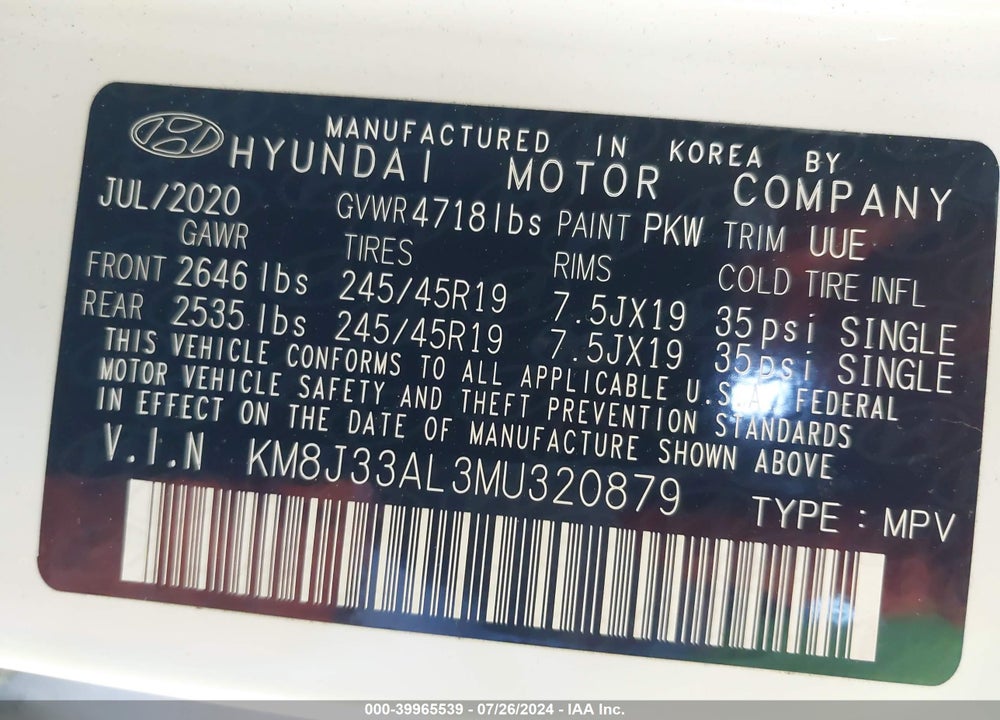 2021 HYUNDAI TUCSON SPORT VIN: KM8J33AL3MU320879