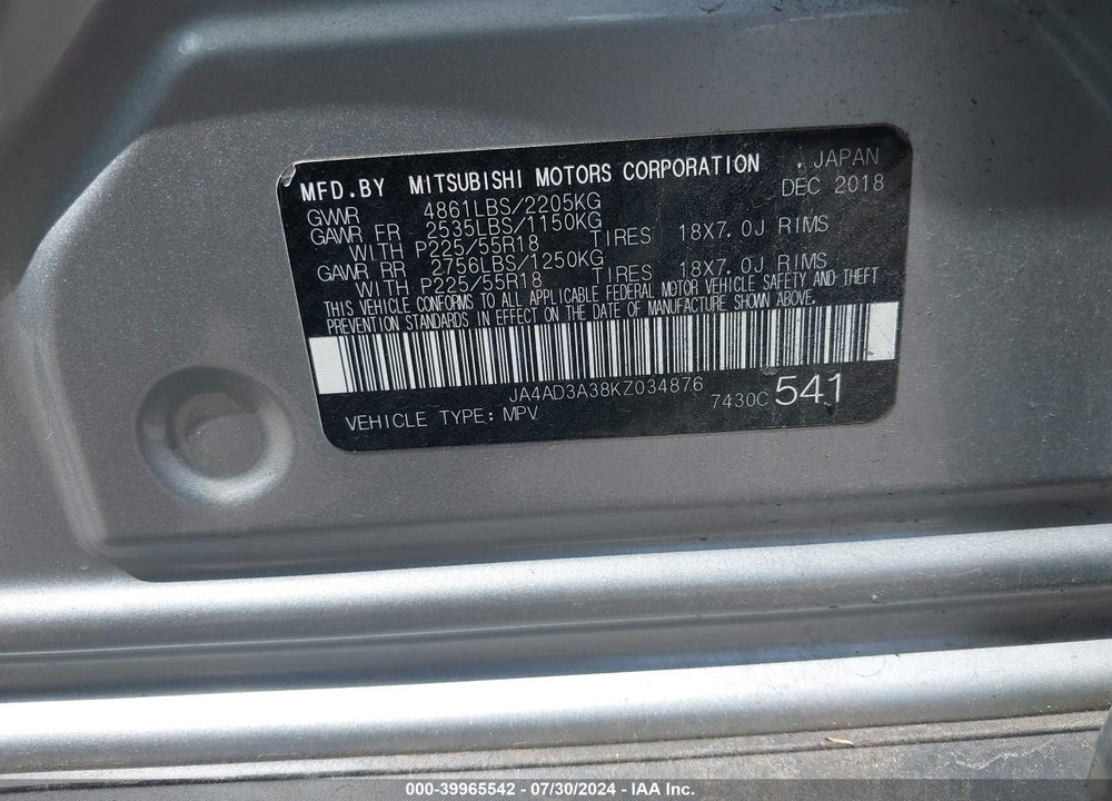 2019 MITSUBISHI OUTLANDER SEL VIN: JA4AD3A38KZ034876