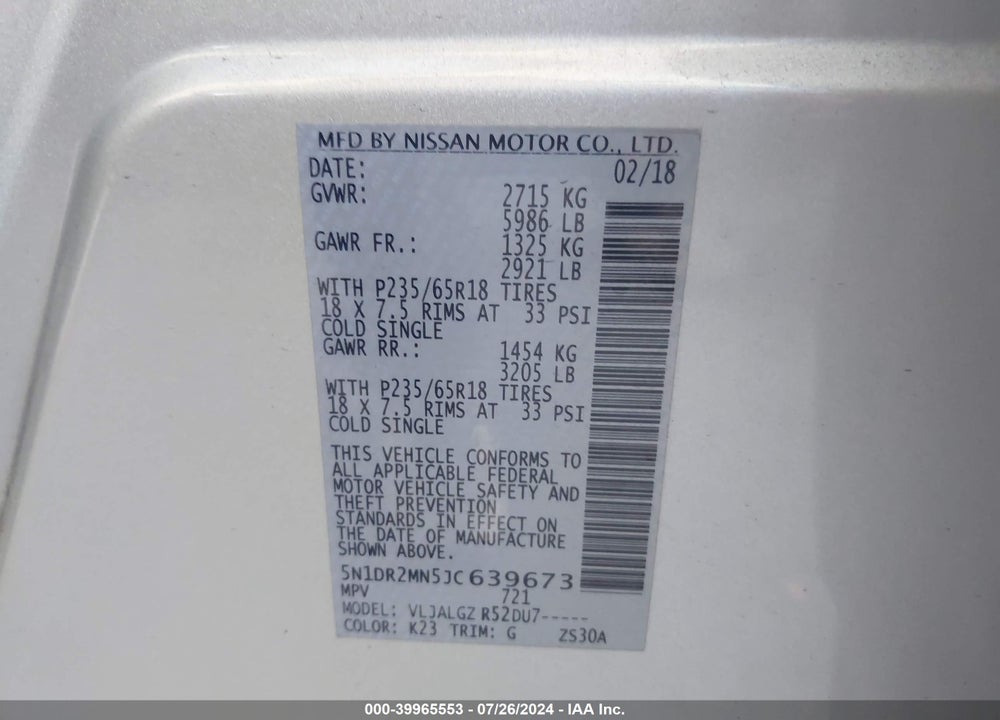2018 NISSAN PATHFINDER SL VIN: 5N1DR2MN5JC639673