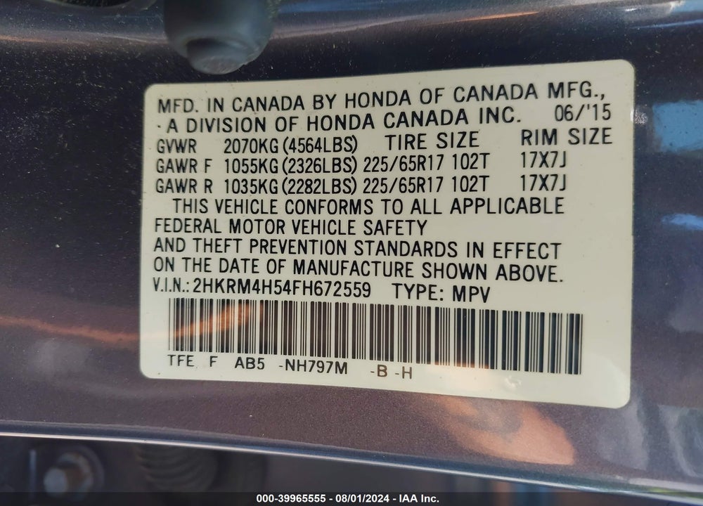 2015 HONDA CR-V EX VIN: 2HKRM4H54FH672559