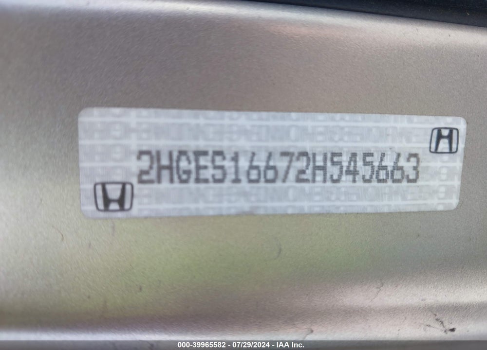 2002 HONDA CIVIC LX VIN: 2HGES16672H545663