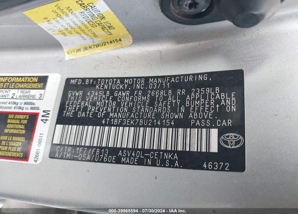 2011 TOYOTA CAMRY LE VIN: 4T1BF3EK7BU214154