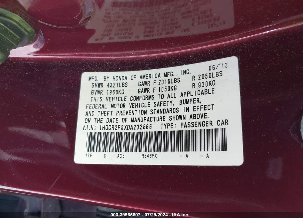 2013 HONDA ACCORD SPORT VIN: 1HGCR2F5XDA232866