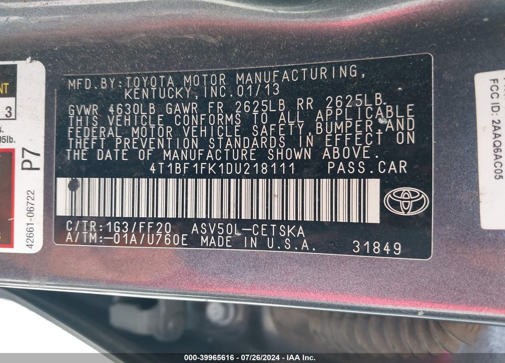 2013 TOYOTA CAMRY SE VIN: 4T1BF1FK1DU218111