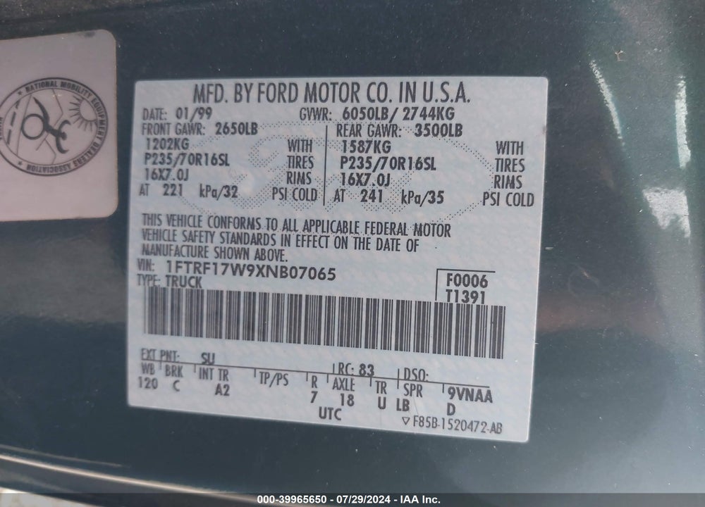 1999 FORD F-150 LARIAT/WORK SERIES/XL/XLT VIN: 1FTRF17W9XNB07065