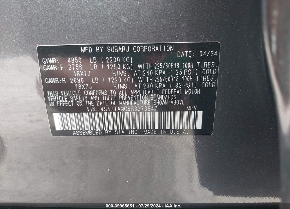 2024 SUBARU OUTBACK LIMITED VIN: 4S4BTANC6R3273847