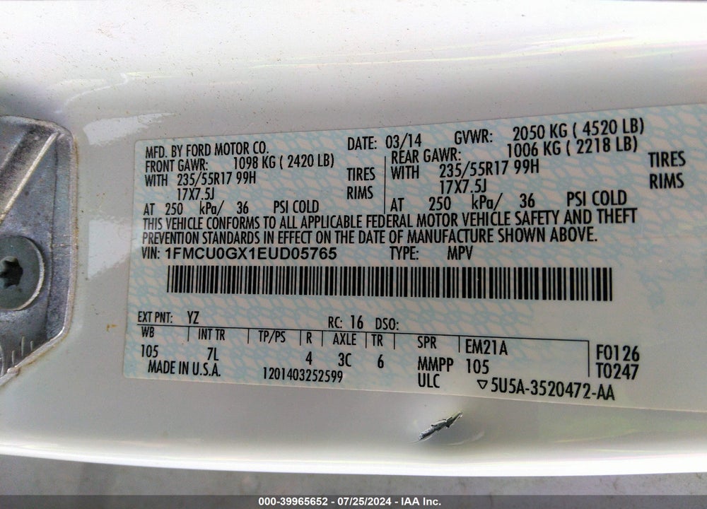 2014 FORD ESCAPE SE VIN: 1FMCU0GX1EUD05765