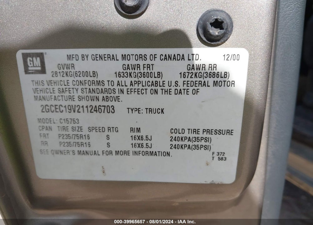 2001 CHEVROLET SILVERADO 1500 LS VIN: 2GCEC19V211246703
