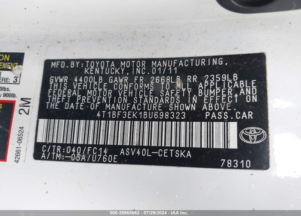 2011 TOYOTA CAMRY SE VIN: 4T1BF3EK1BU698323