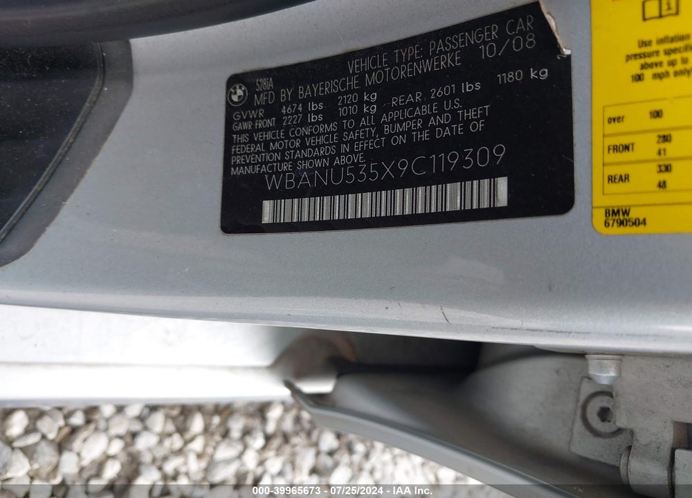 2009 BMW 528I VIN: WBANU535X9C119309