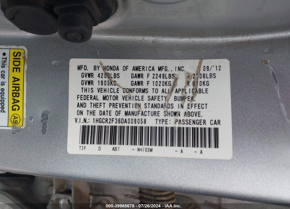 2013 HONDA ACCORD LX VIN: 1HGCR2F36DA009058