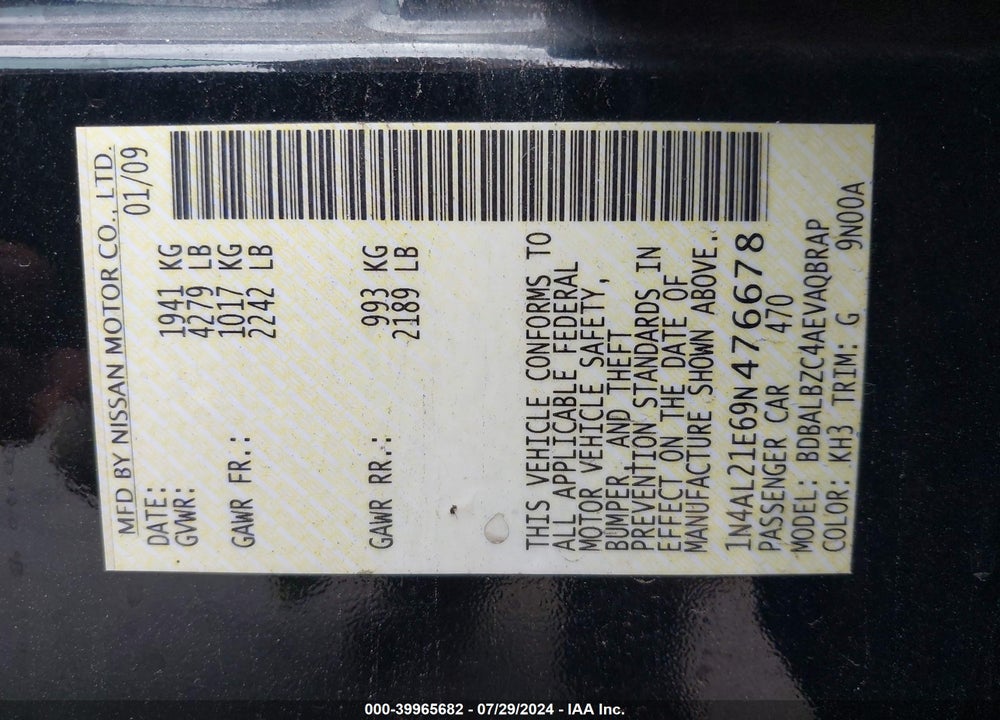 2009 NISSAN ALTIMA 2.5 S VIN: 1N4AL21E69N476678