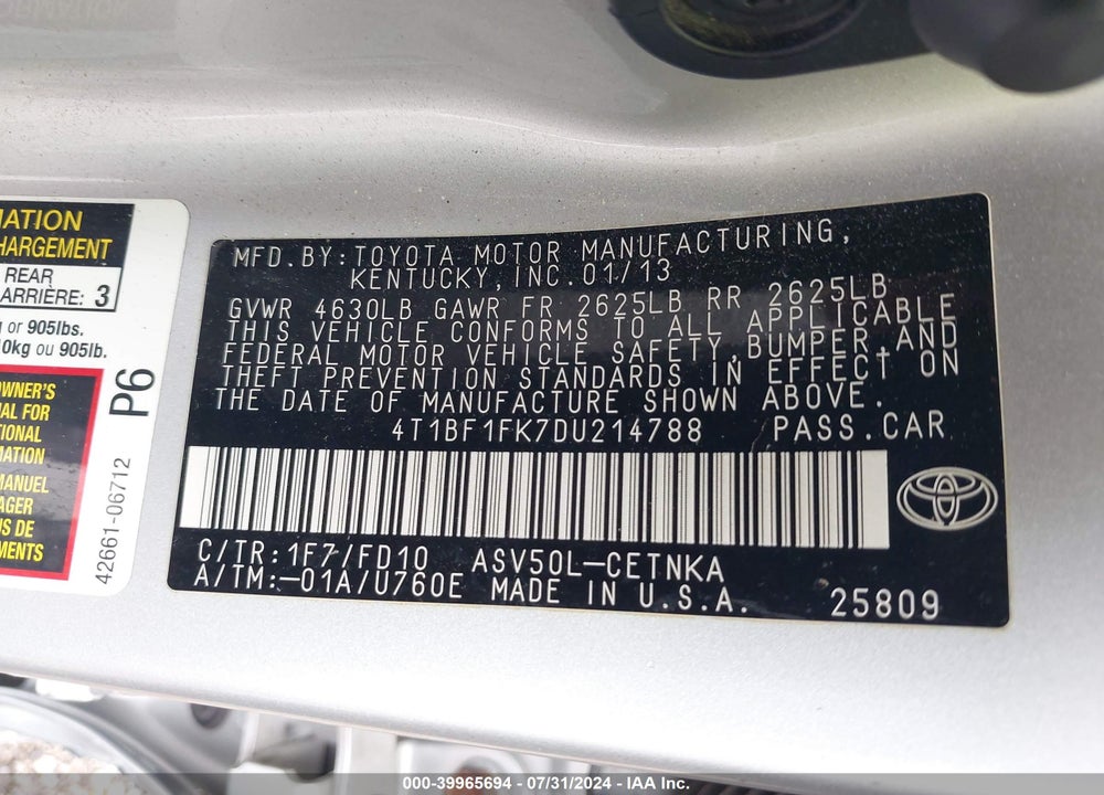2013 TOYOTA CAMRY LE VIN: 4T1BF1FK7DU214788