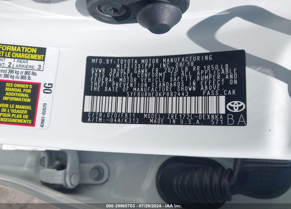 2019 TOYOTA COROLLA LE VIN: 5YFBURHE0KP882443