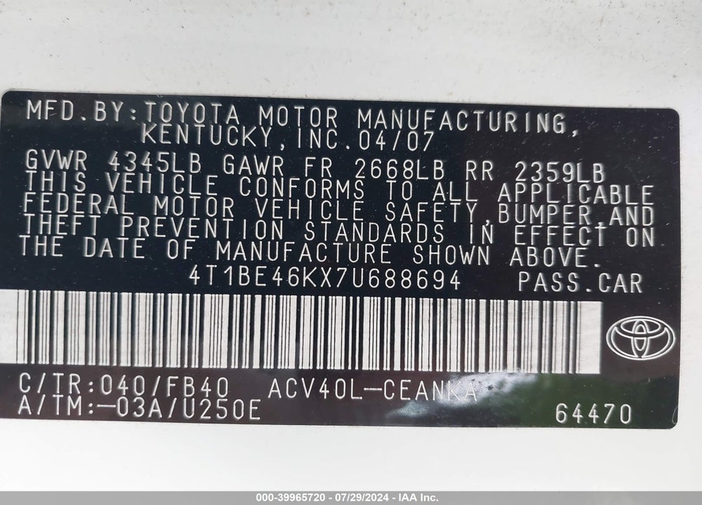 2007 TOYOTA CAMRY LE VIN: 4T1BE46KX7U688694