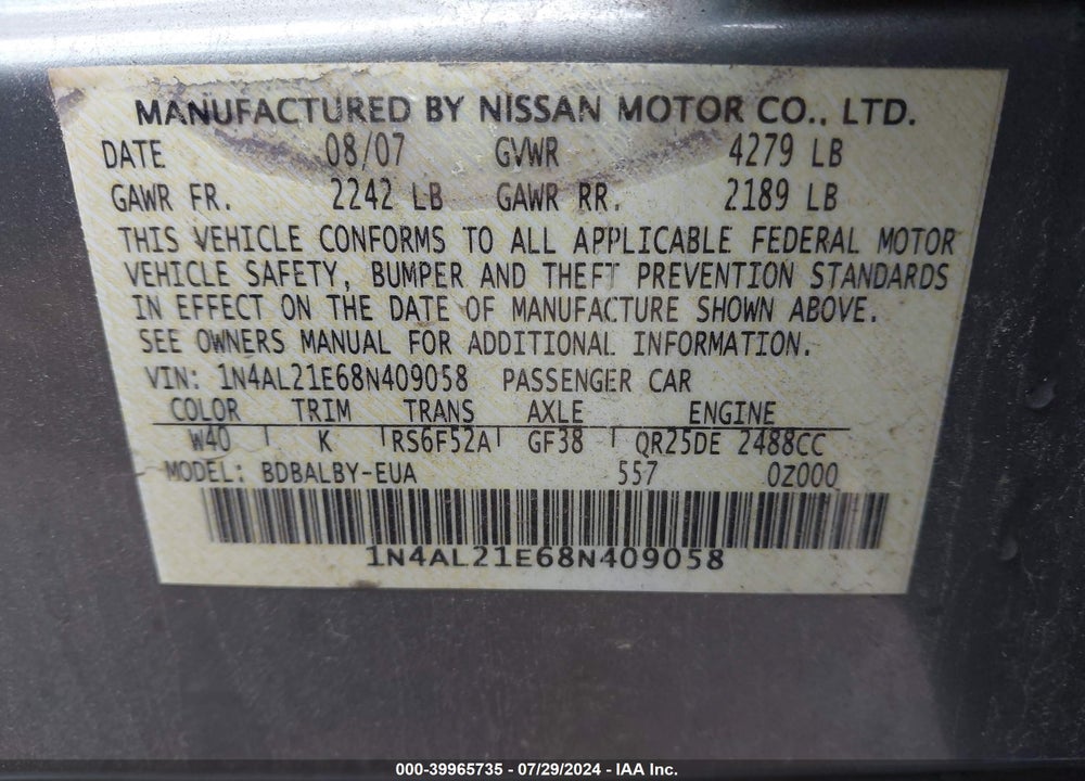 2008 NISSAN ALTIMA 2.5 S VIN: 1N4AL21E68N409058