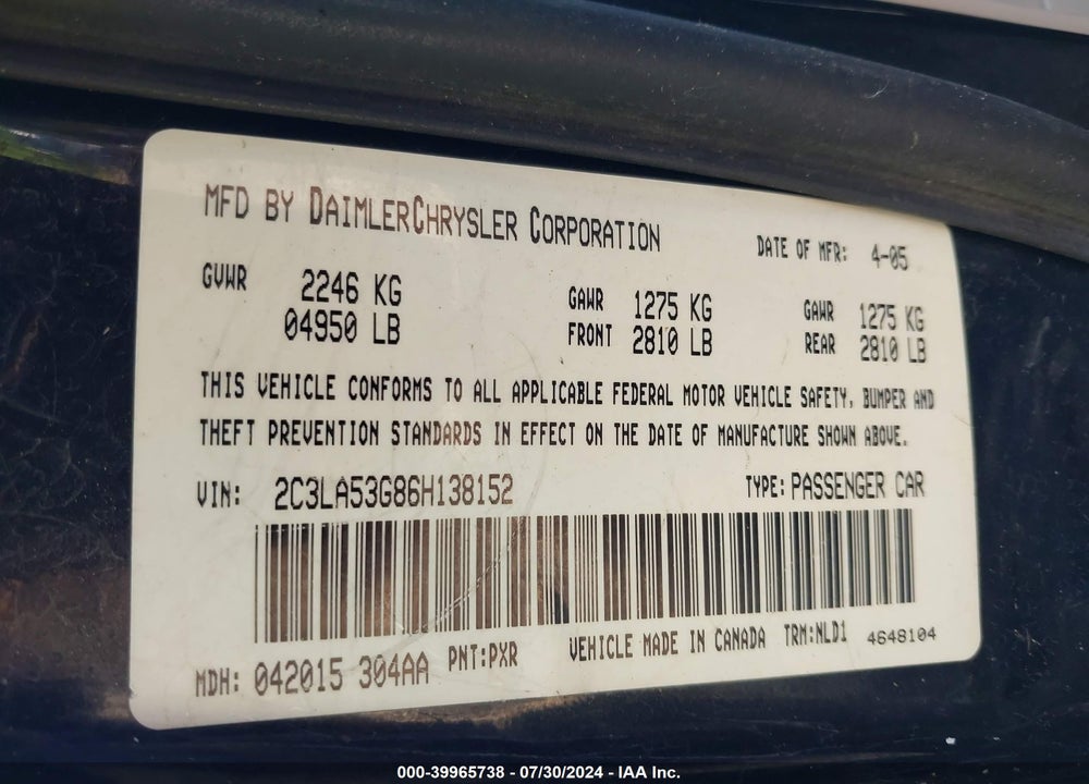 2006 CHRYSLER 300 TOURING VIN: 2C3LA53G86H138152