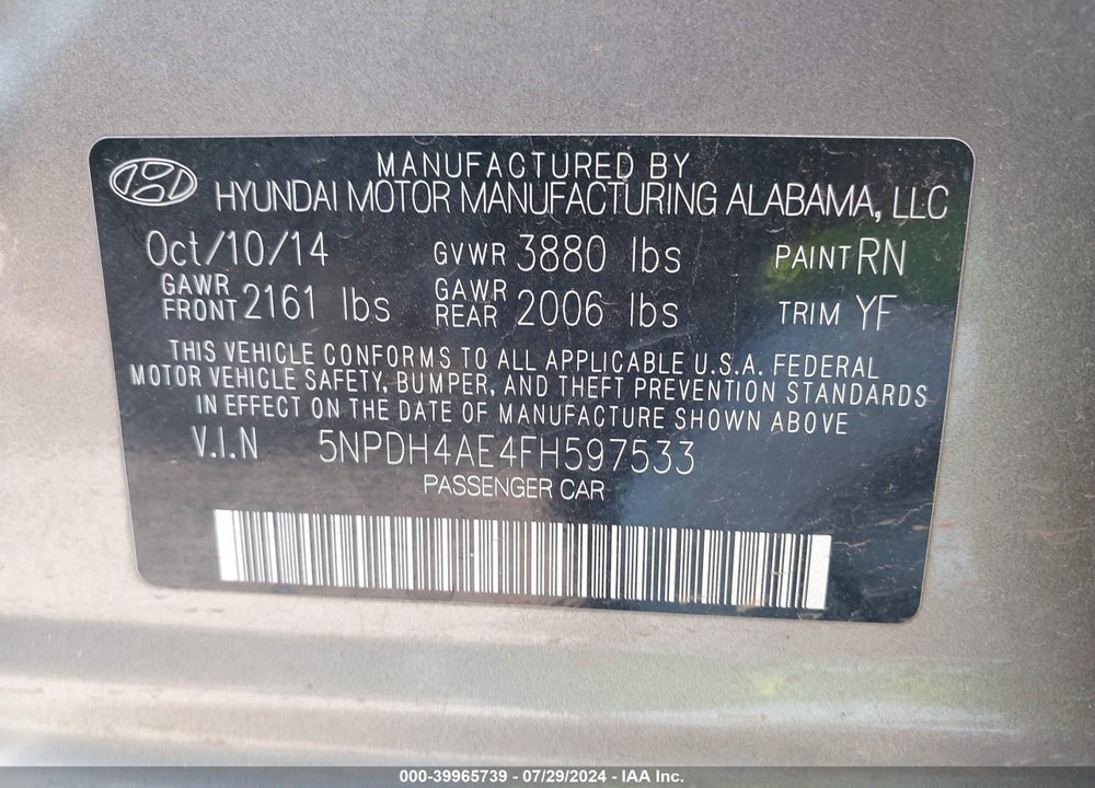 2015 HYUNDAI ELANTRA SE VIN: 5NPDH4AE4FH597533