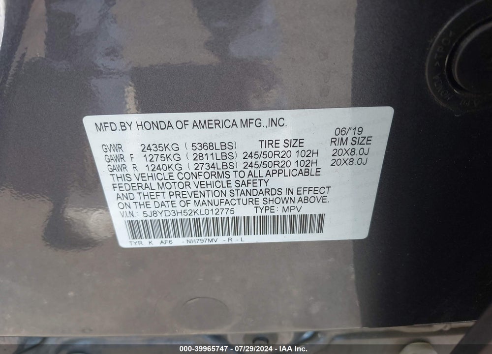 2019 ACURA MDX TECH PKG VIN: 5J8YD3H52KL012775