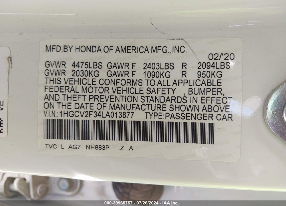 2020 HONDA ACCORD SPORT 2.0T VIN: 1HGCV2F34LA013877