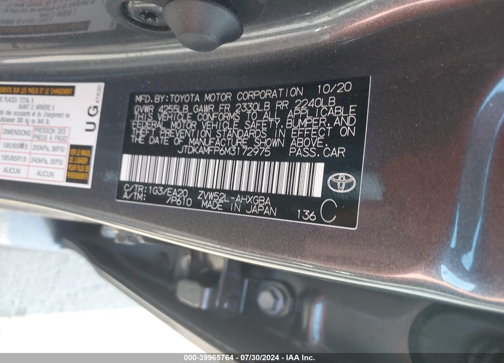 2021 TOYOTA PRIUS PRIME XLE VIN: JTDKAMFP6M3172975