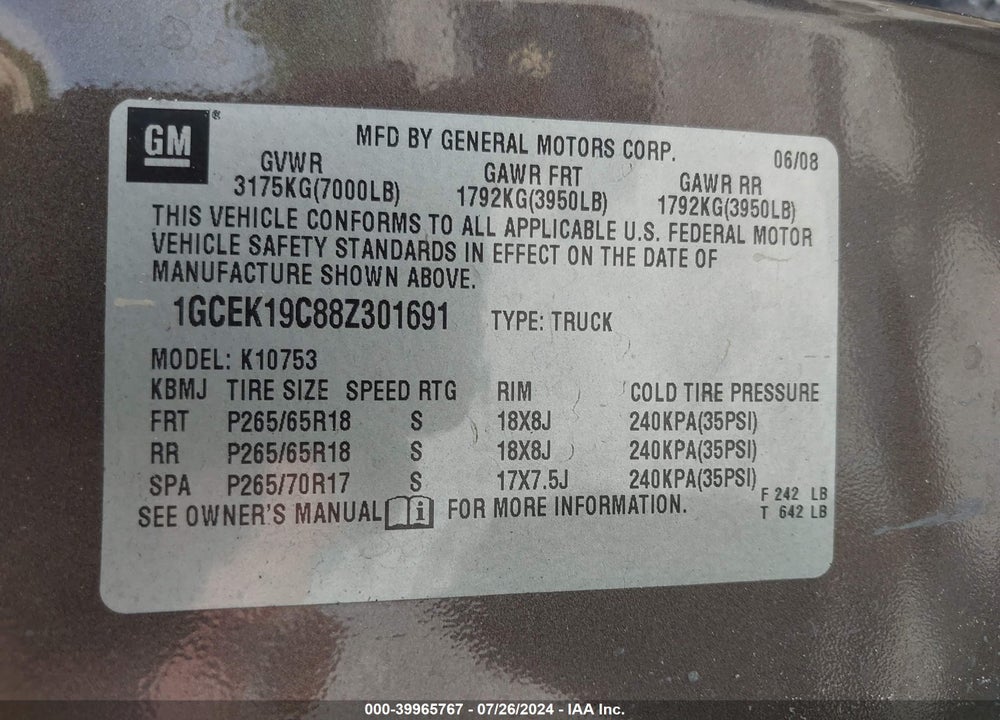 2008 CHEVROLET SILVERADO 1500 LT1 VIN: 1GCEK19C88Z301691