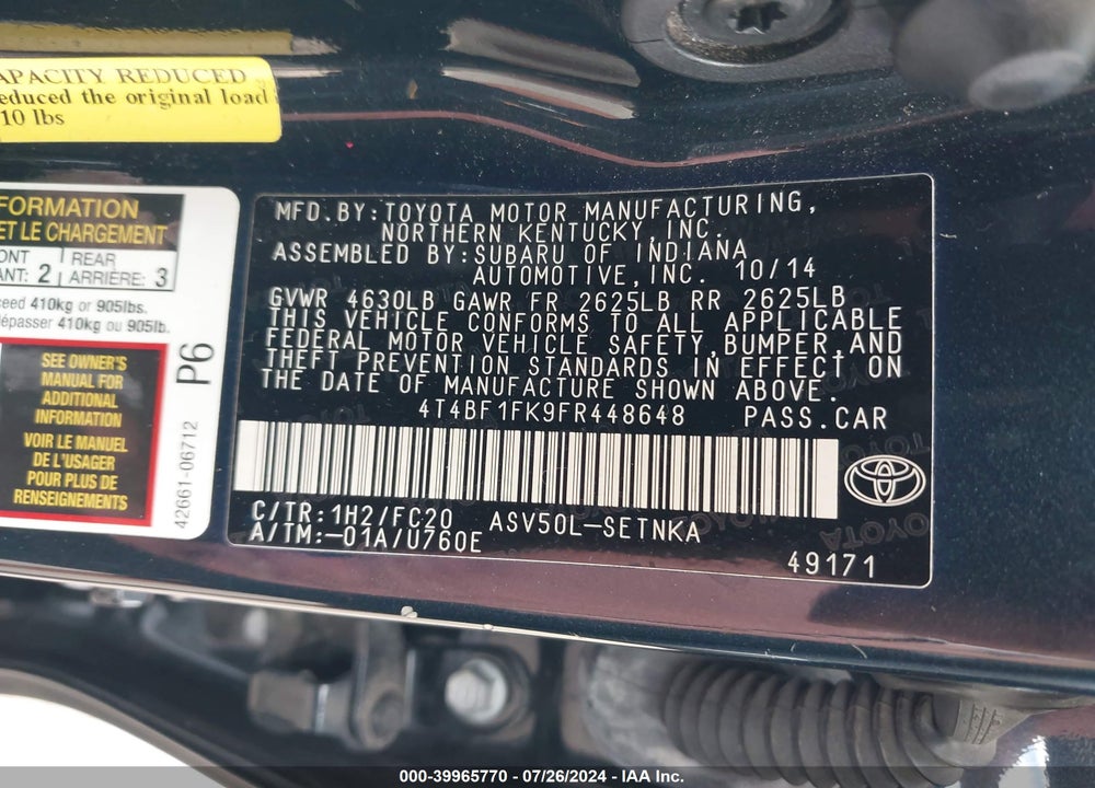 2015 TOYOTA CAMRY LE VIN: 4T4BF1FK9FR448648