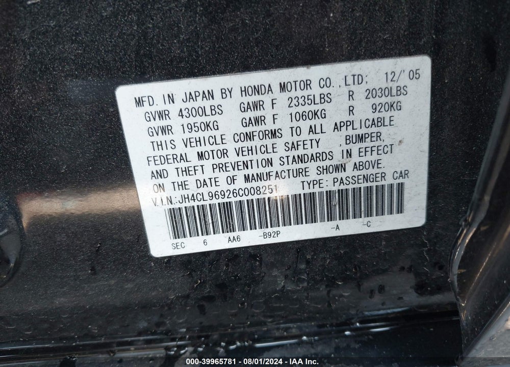 2006 ACURA TSX VIN: JH4CL96926C008251