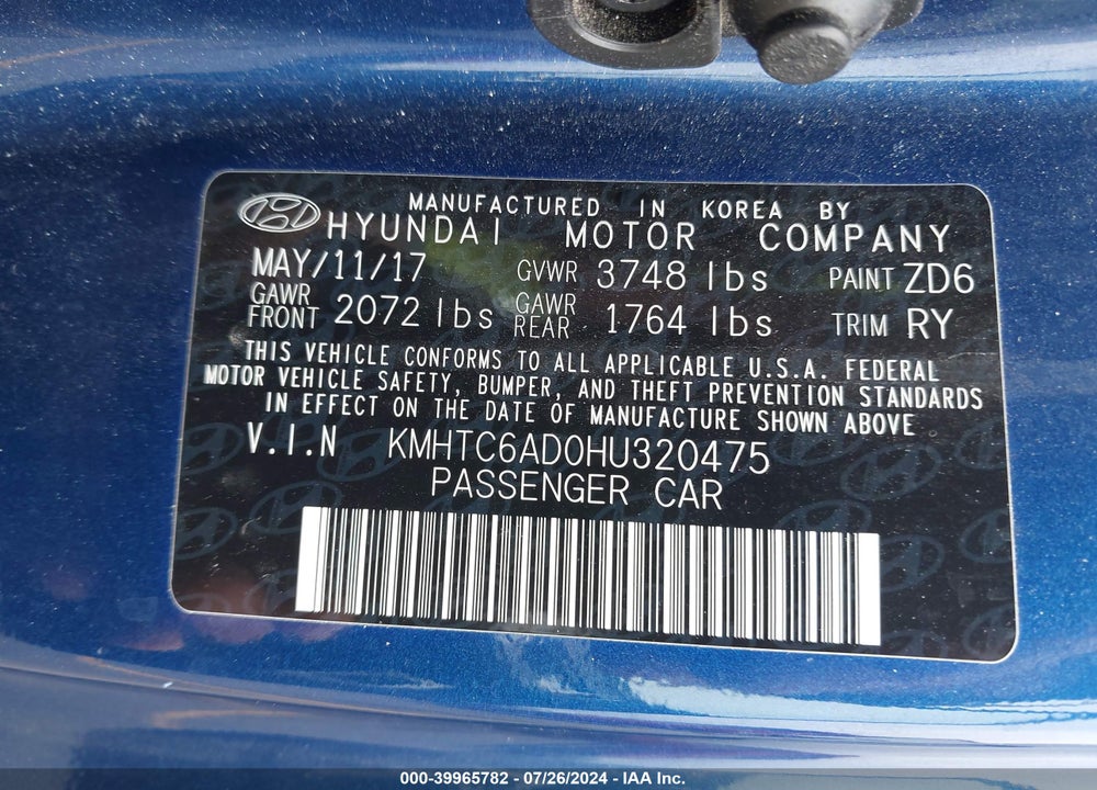 2017 HYUNDAI VELOSTER VALUE EDITION VIN: KMHTC6AD0HU320475