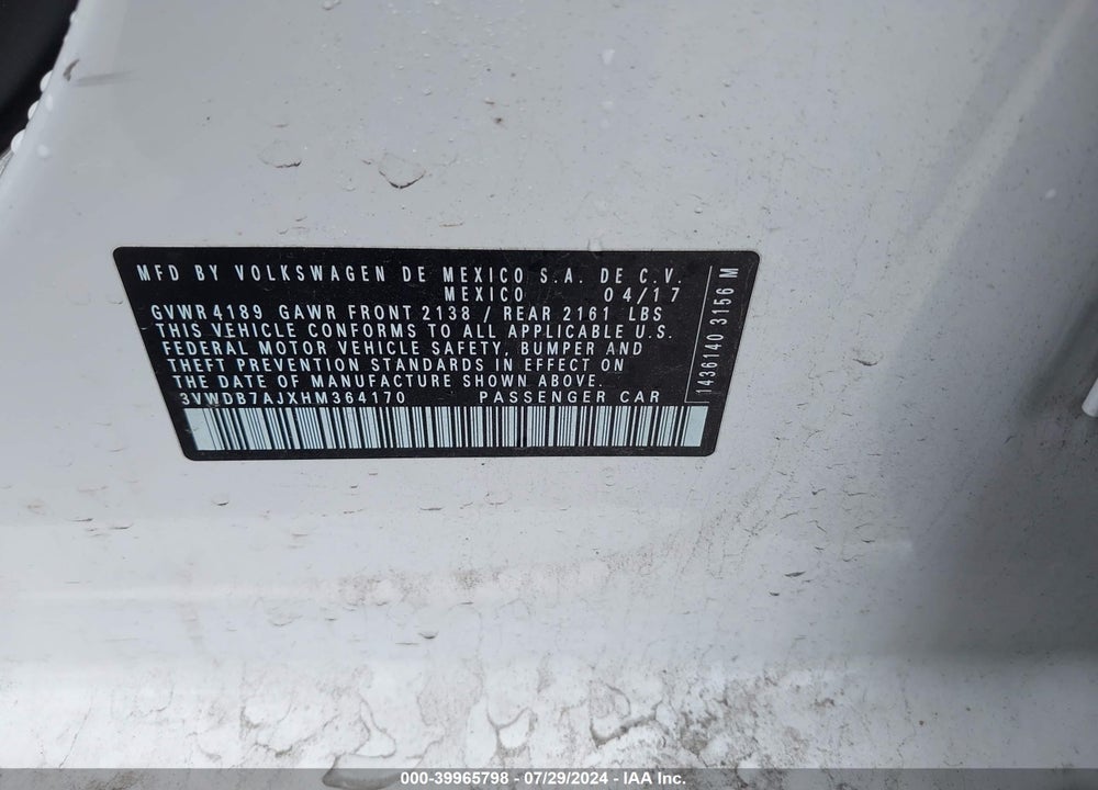 2017 VOLKSWAGEN JETTA 1.4T SE VIN: 3VWDB7AJXHM364170