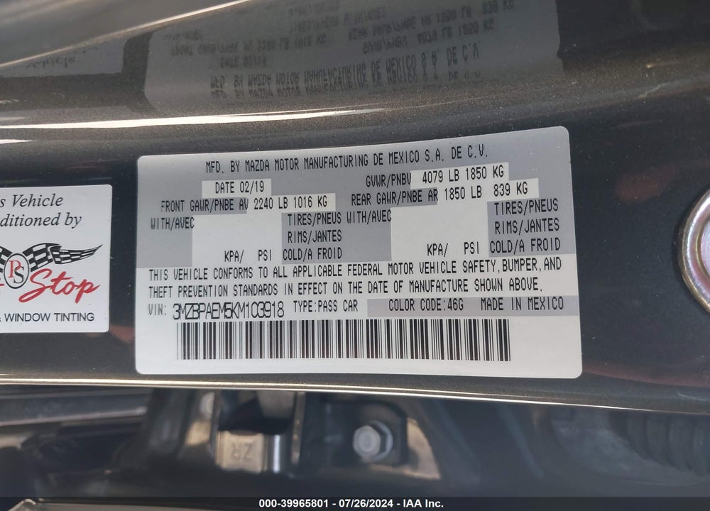 2019 MAZDA 3 PREMIUM PACKAGE VIN: 3MZBPAEM5KM103918
