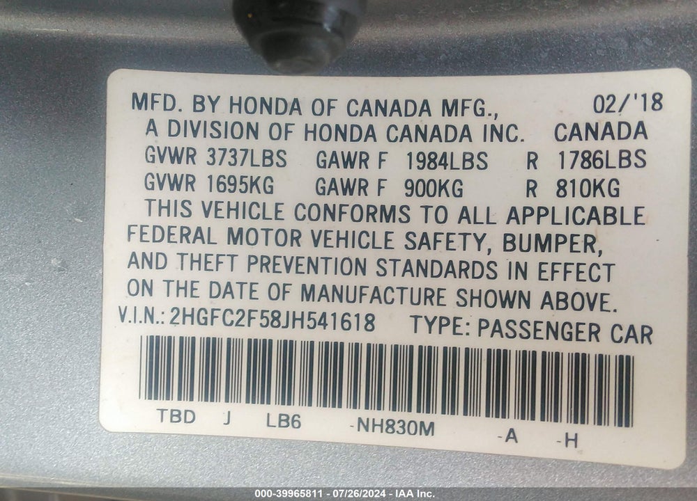 2018 HONDA CIVIC LX VIN: 2HGFC2F58JH541618