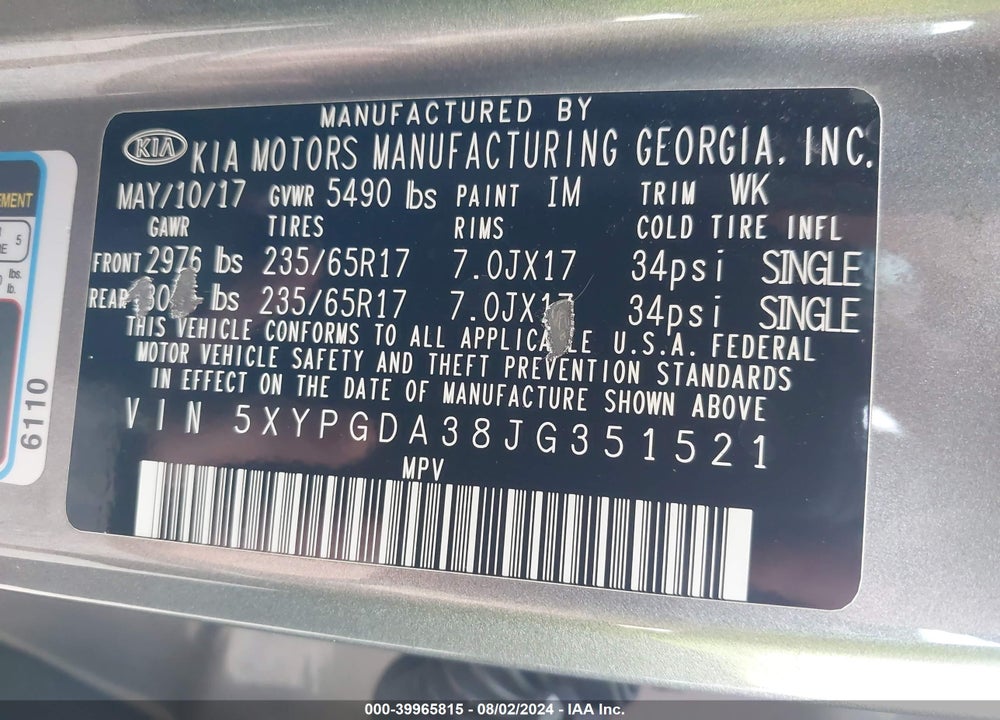 2018 KIA SORENTO 2.4L LX VIN: 5XYPGDA38JG351521
