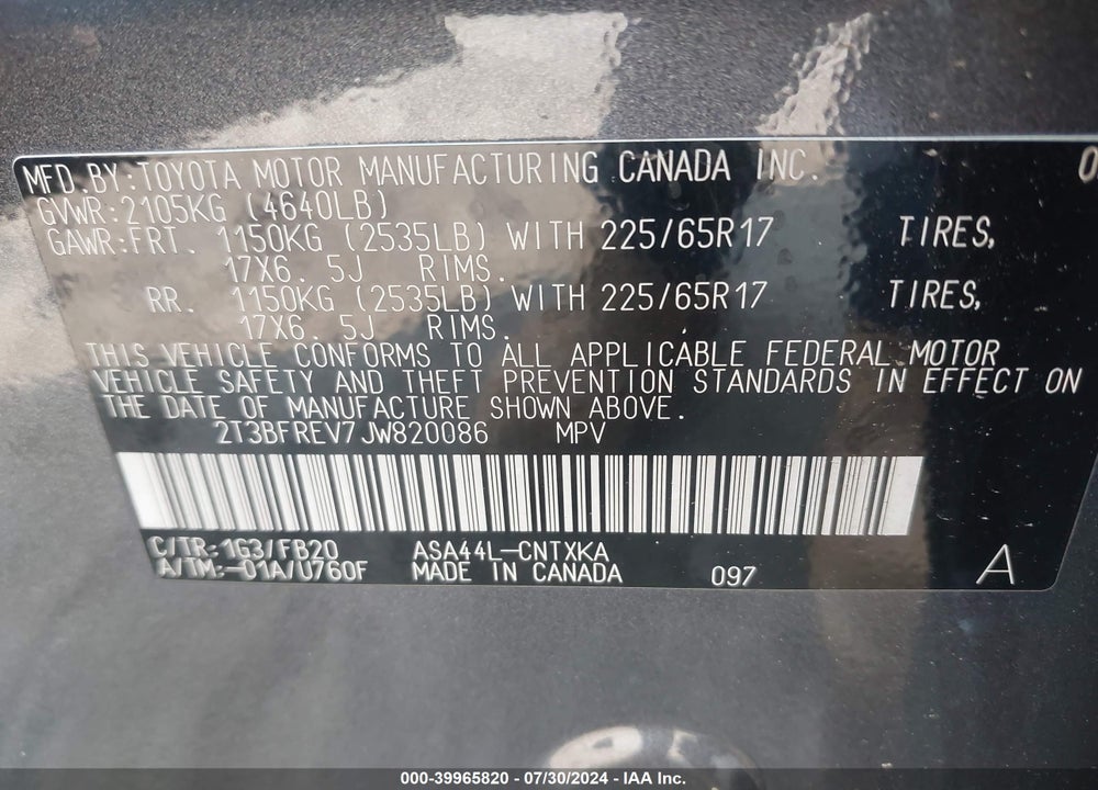 2018 TOYOTA RAV4 LE VIN: 2T3BFREV7JW820086