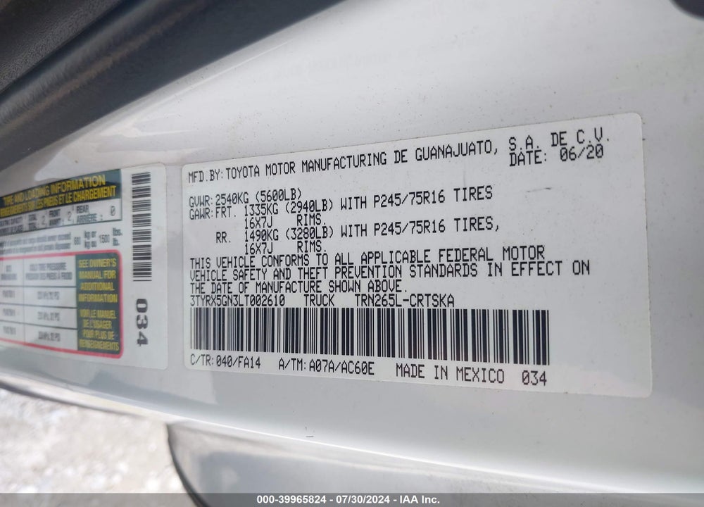 2020 TOYOTA TACOMA SR VIN: 3TYRX5GN3LT002610