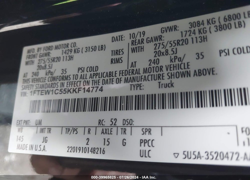 2019 FORD F-150 XL VIN: 1FTEW1C55KKF14774