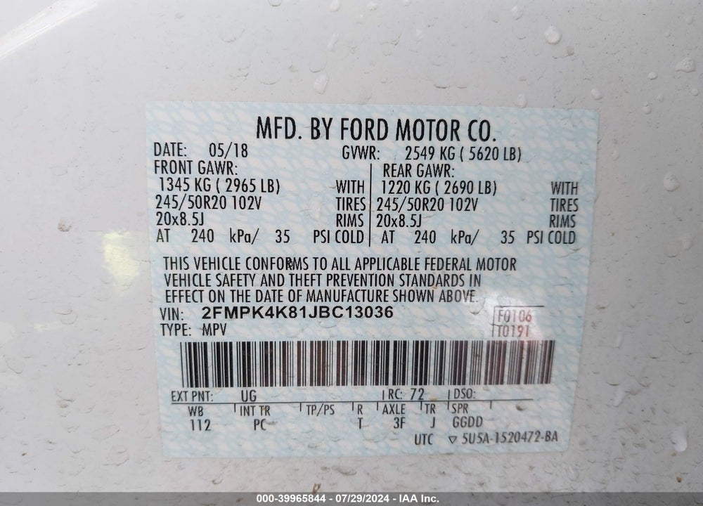 2018 FORD EDGE TITANIUM VIN: 2FMPK4K81JBC13036