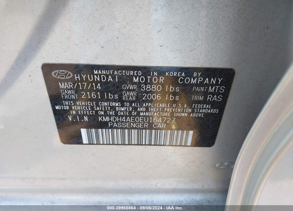 2014 HYUNDAI ELANTRA SE VIN: KMHDH4AE0EU164727