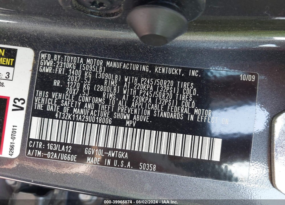 2009 TOYOTA VENZA BASE V6 VIN: 4T3ZK11A29U018006