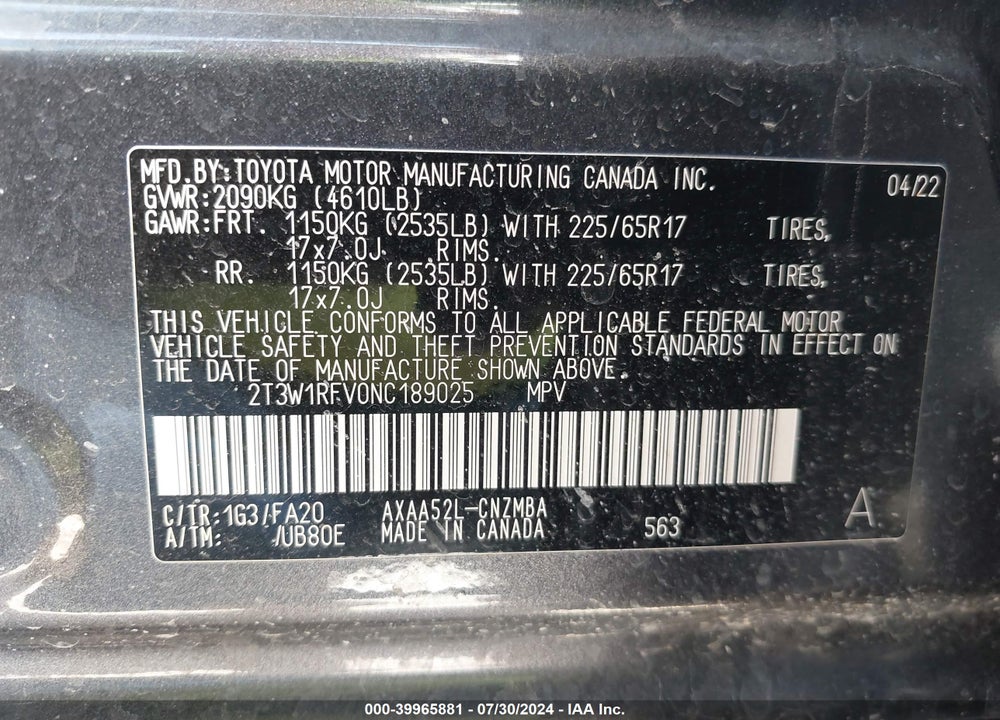 2022 TOYOTA RAV4 XLE VIN: 2T3W1RFV0NC189025