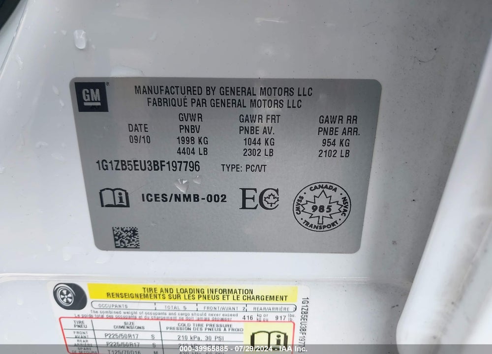 2011 CHEVROLET MALIBU VIN: 1G1ZB5EU3BF197796