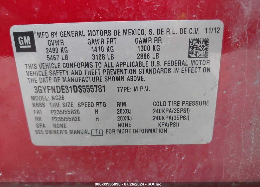 2013 CADILLAC SRX VIN: 3GYFNDE31DS555781