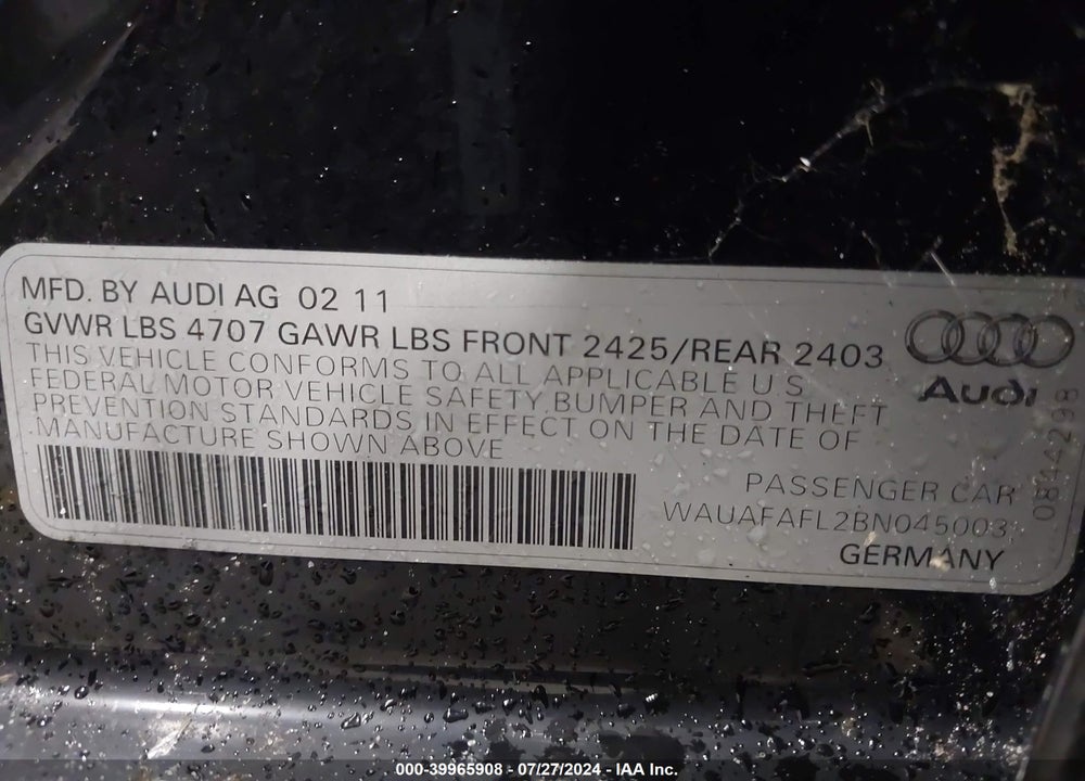 2011 AUDI A4 2.0T PREMIUM VIN: WAUAFAFL2BN045003