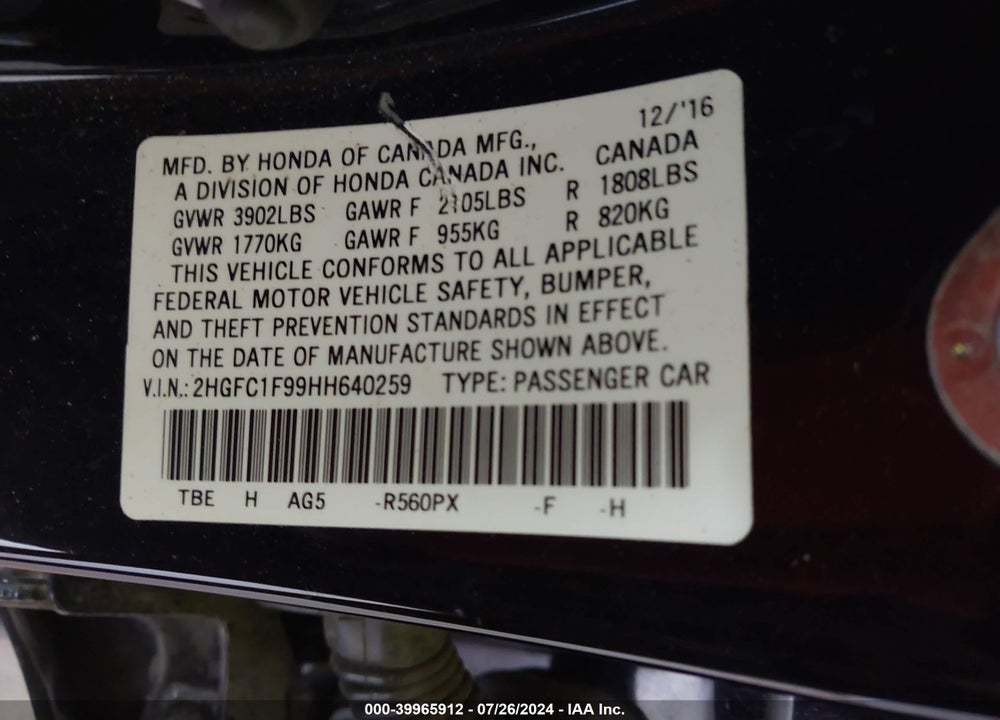 2017 HONDA CIVIC TOURING VIN: 2HGFC1F99HH640259