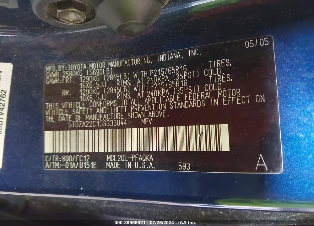 2005 TOYOTA SIENNA XLE VIN: 5TDZA22C15S333044