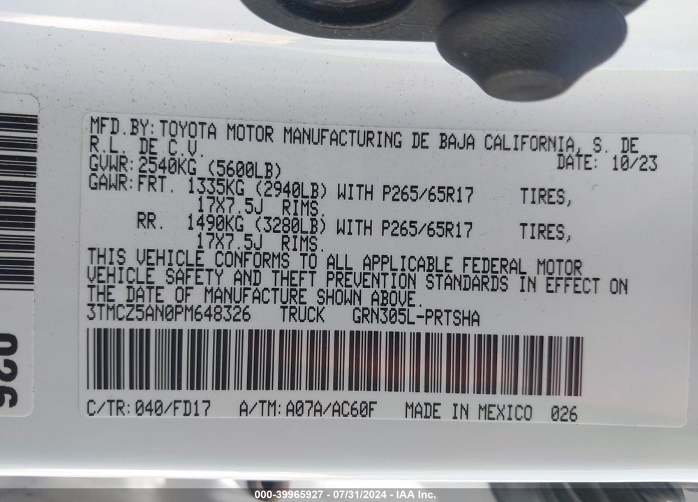 2023 TOYOTA TACOMA TRD SPORT VIN: 3TMCZ5AN0PM648326